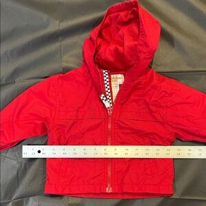 Brooks Brothers Red Hooded Kids Raincoat with Checker Zip Pull
